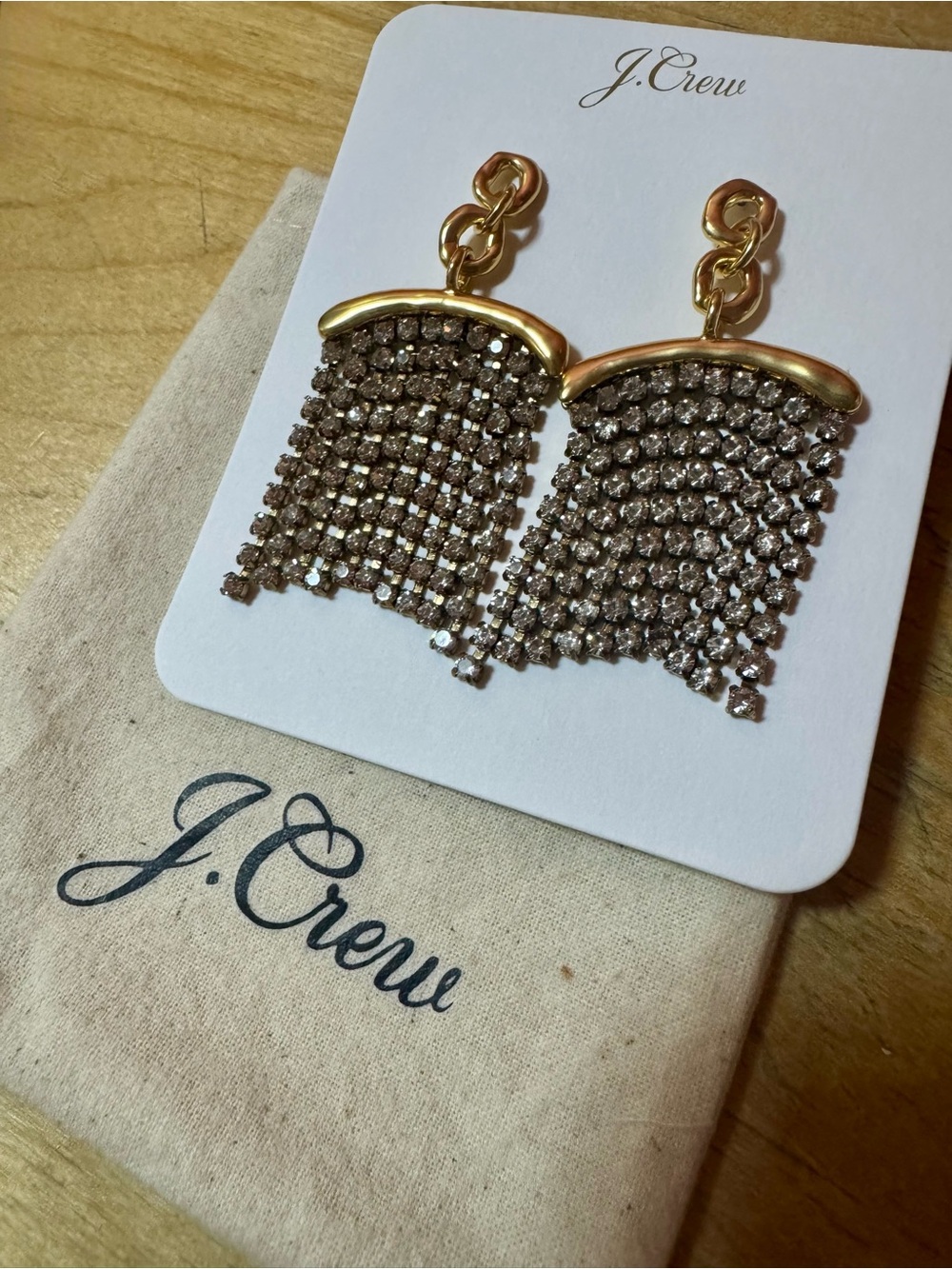 NWT J.Crew Gold-Link and Crystal Fringe Statement Earrings with Pouch